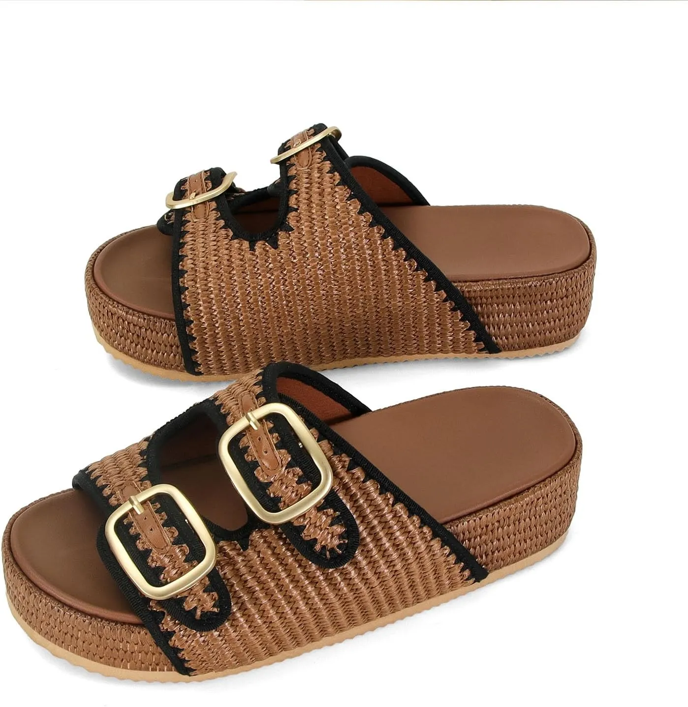 MICIFA Platform Sandals for Women Espadrille Wedges Summer Beach Sandals Comfortable Cute Woven Straw Crochet Sandals Shoes Casual Adjustable Double Buckle Strap Sandals