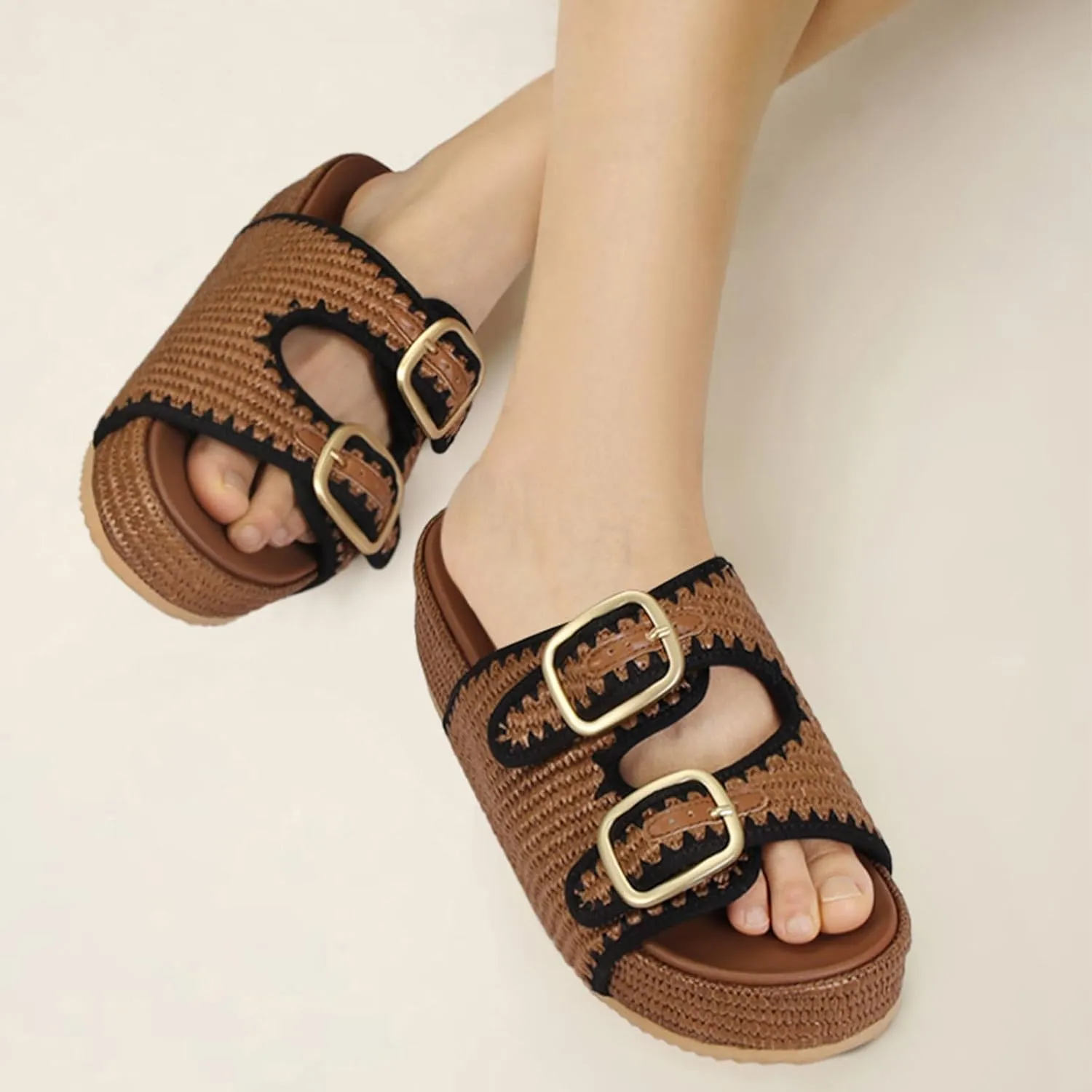 MICIFA Platform Sandals for Women Espadrille Wedges Summer Beach Sandals Comfortable Cute Woven Straw Crochet Sandals Shoes Casual Adjustable Double Buckle Strap Sandals