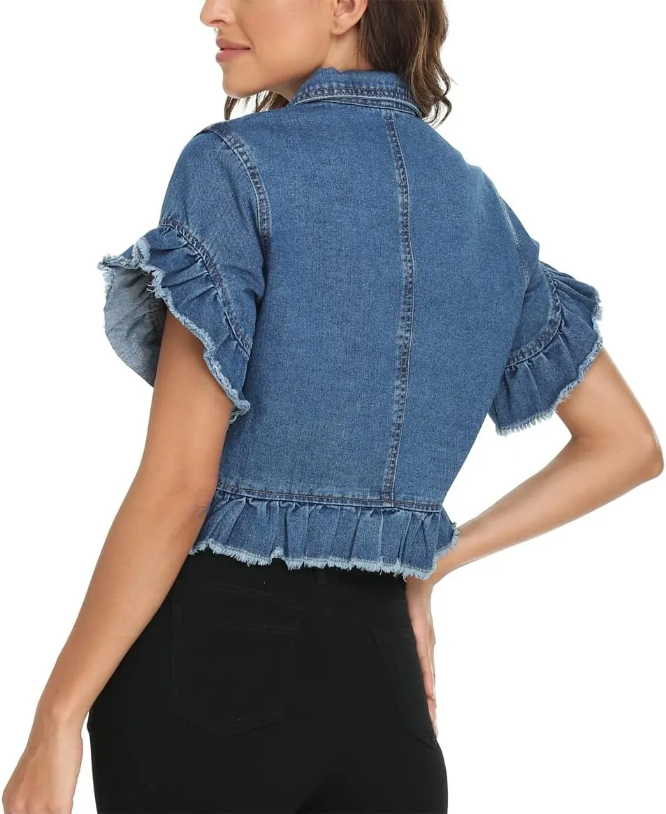 MISS MOLY Women's Denim Jacket Ruffle Sleeve Button Down Distressed Summer Cropped Jean Jackets