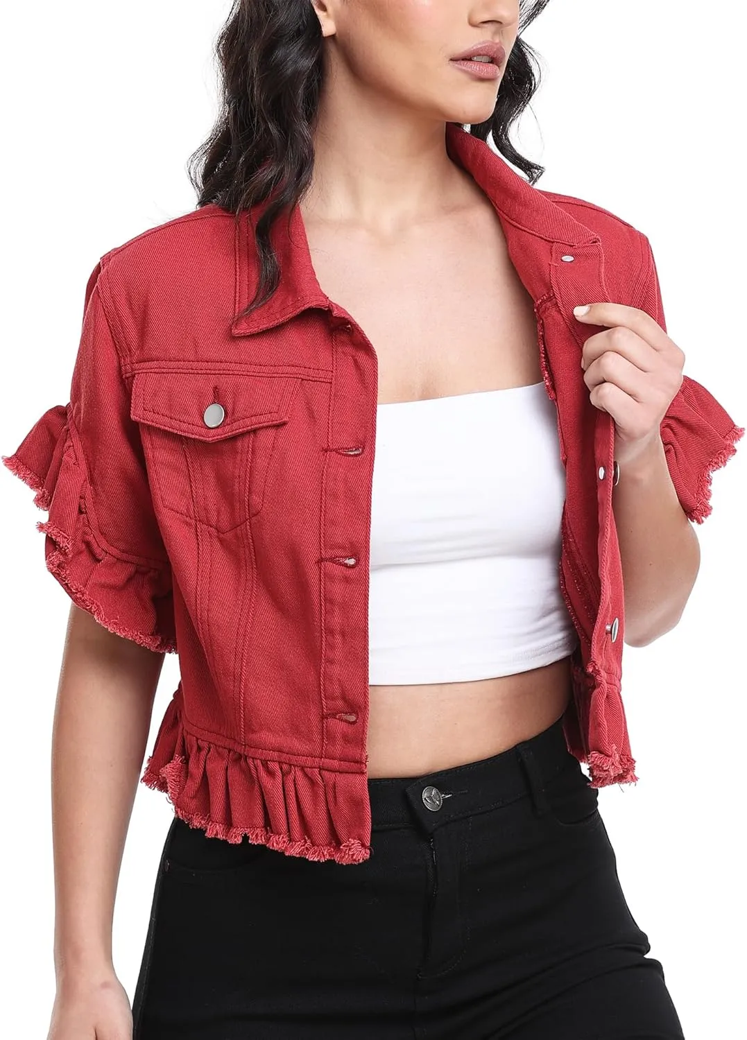 MISS MOLY Women's Denim Jacket Ruffle Sleeve Button Down Distressed Summer Cropped Jean Jackets