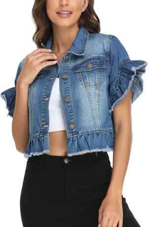 MISS MOLY Women's Denim Jacket Ruffle Sleeve Button Down Distressed Summer Cropped Jean Jackets