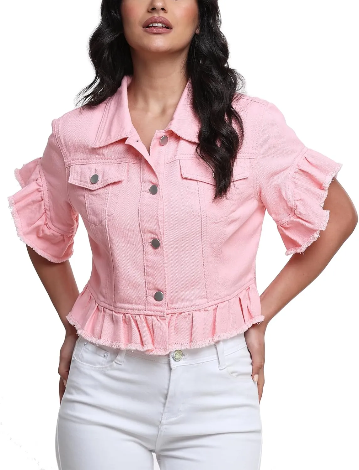 MISS MOLY Women's Denim Jacket Ruffle Sleeve Button Down Distressed Summer Cropped Jean Jackets