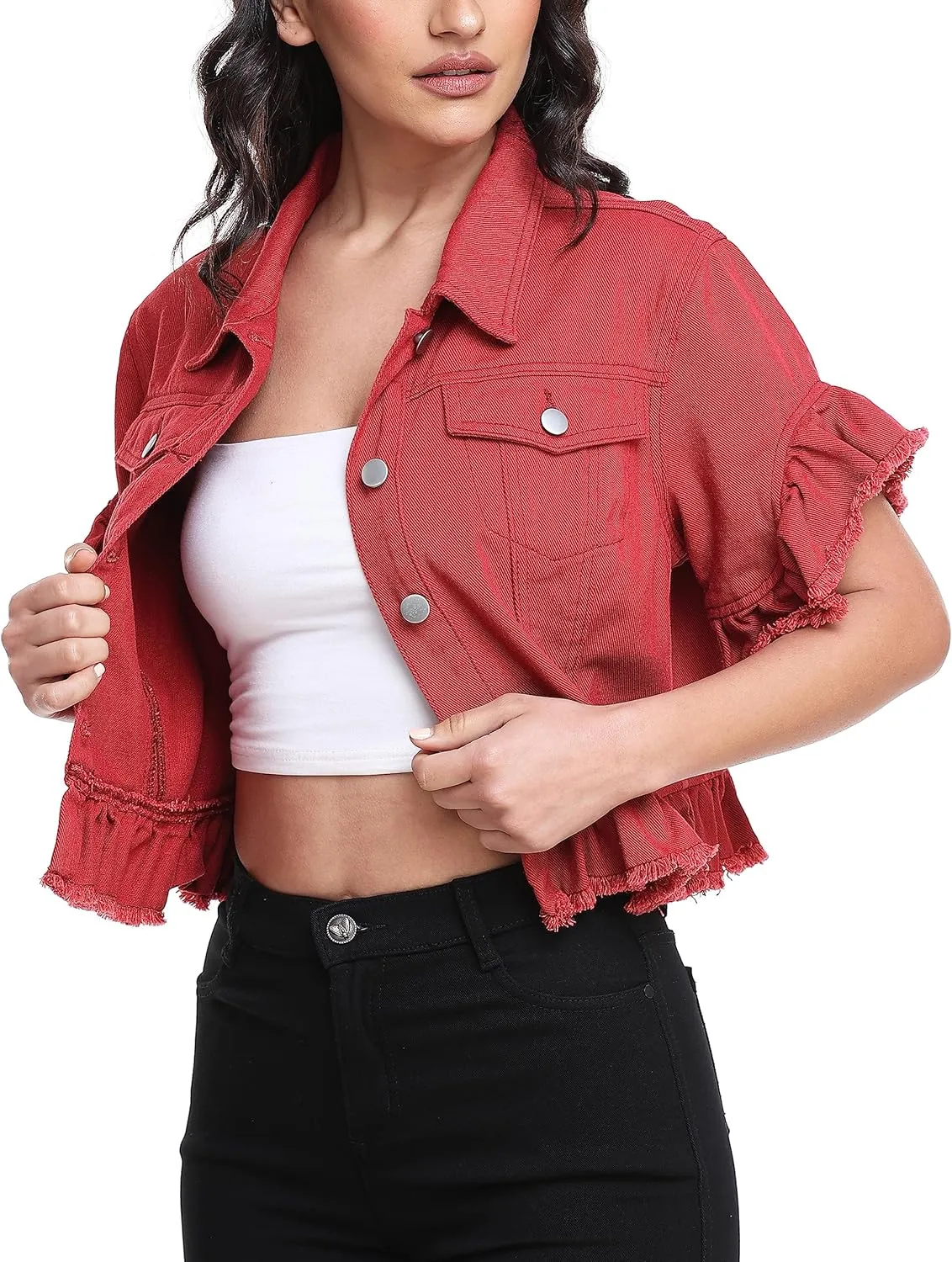 MISS MOLY Women's Denim Jacket Ruffle Sleeve Button Down Distressed Summer Cropped Jean Jackets
