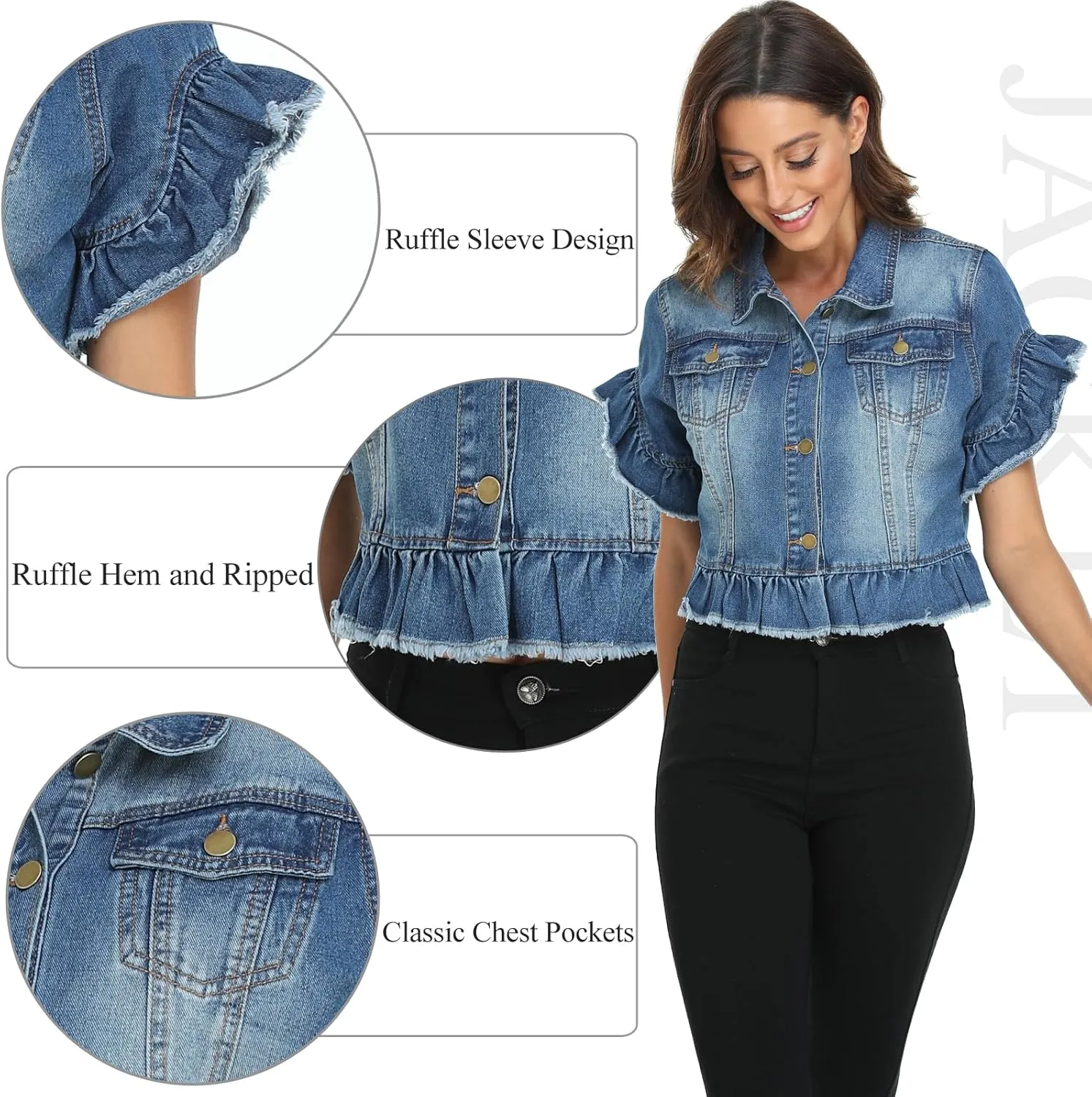 MISS MOLY Women's Denim Jacket Ruffle Sleeve Button Down Distressed Summer Cropped Jean Jackets