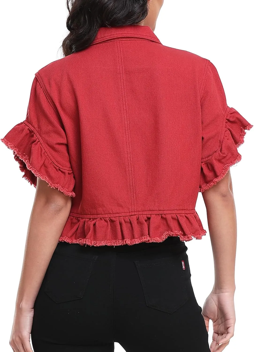 MISS MOLY Women's Denim Jacket Ruffle Sleeve Button Down Distressed Summer Cropped Jean Jackets