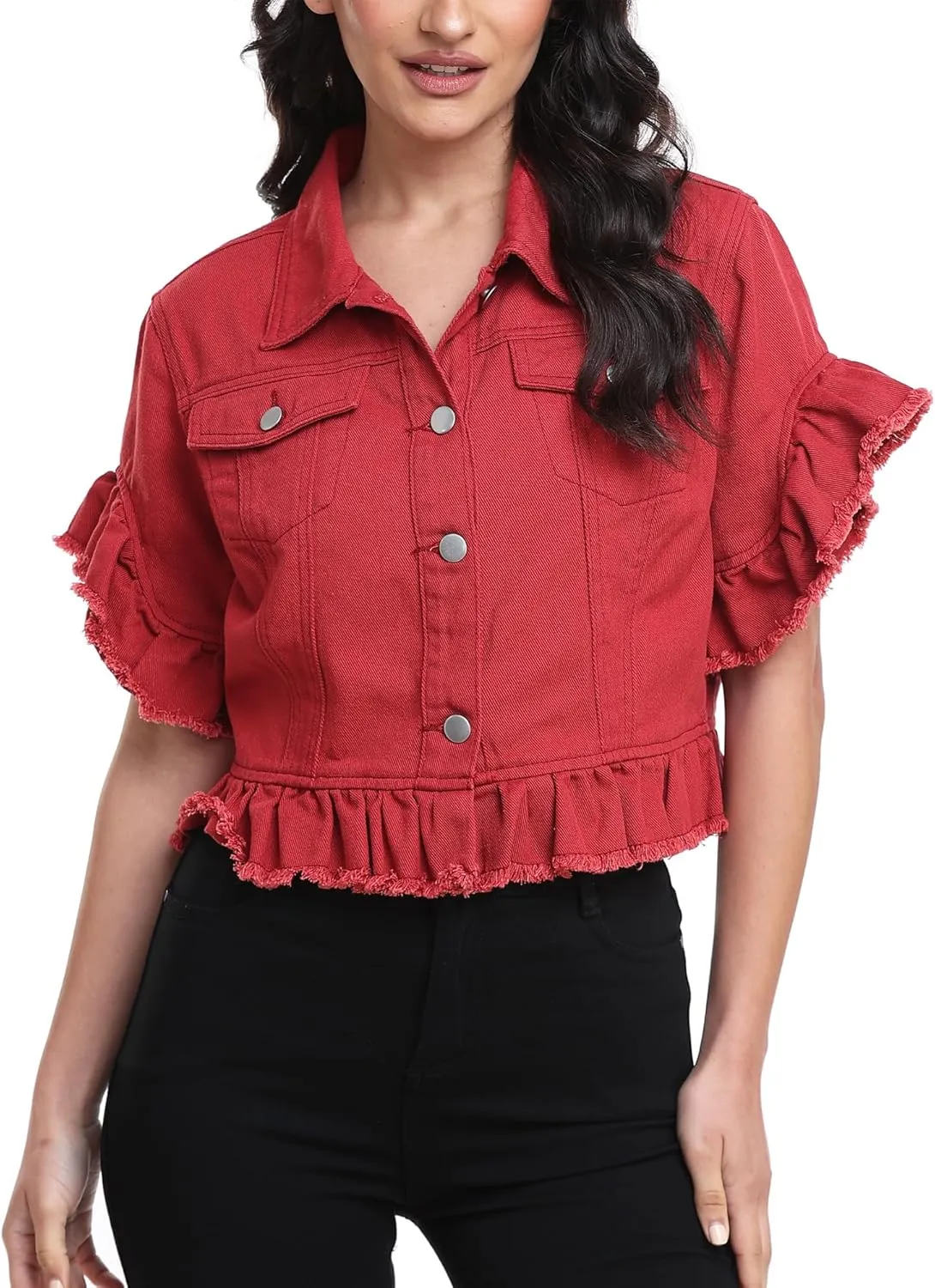 MISS MOLY Women's Denim Jacket Ruffle Sleeve Button Down Distressed Summer Cropped Jean Jackets