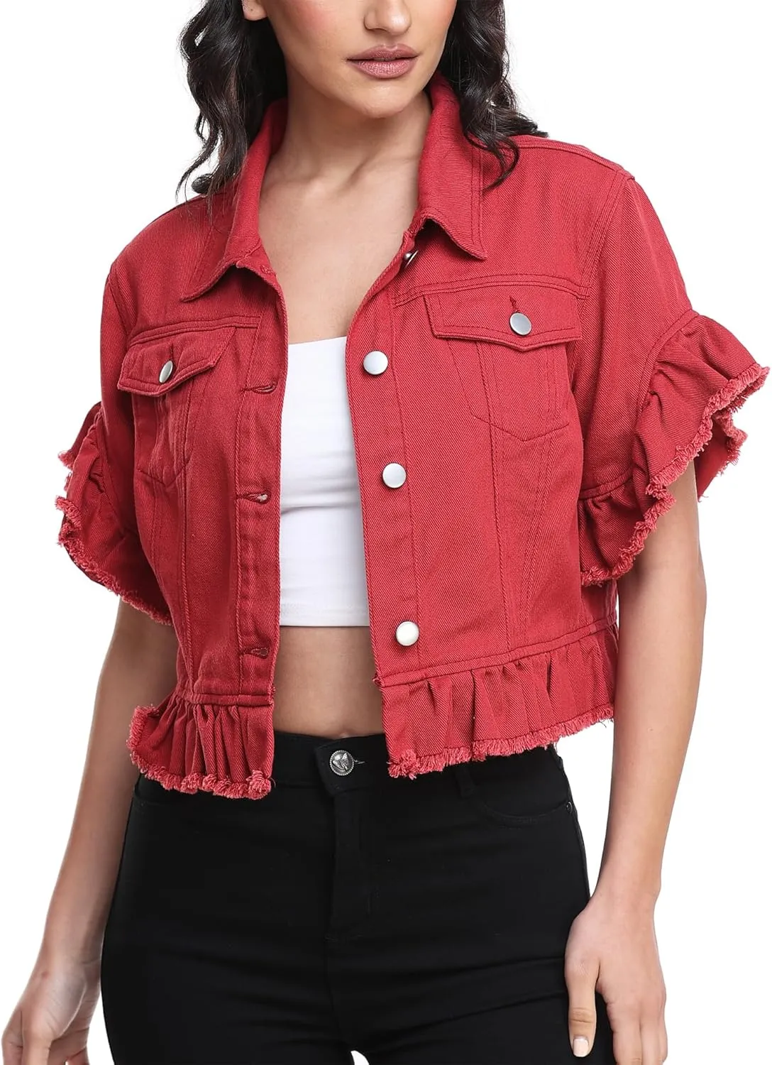 MISS MOLY Women's Denim Jacket Ruffle Sleeve Button Down Distressed Summer Cropped Jean Jackets