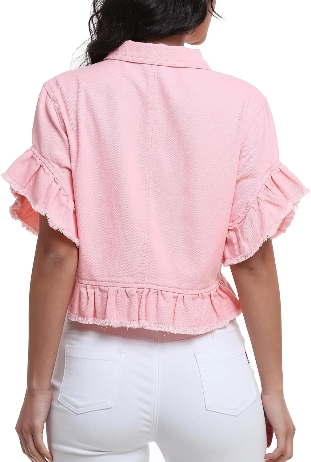 MISS MOLY Women's Denim Jacket Ruffle Sleeve Button Down Distressed Summer Cropped Jean Jackets
