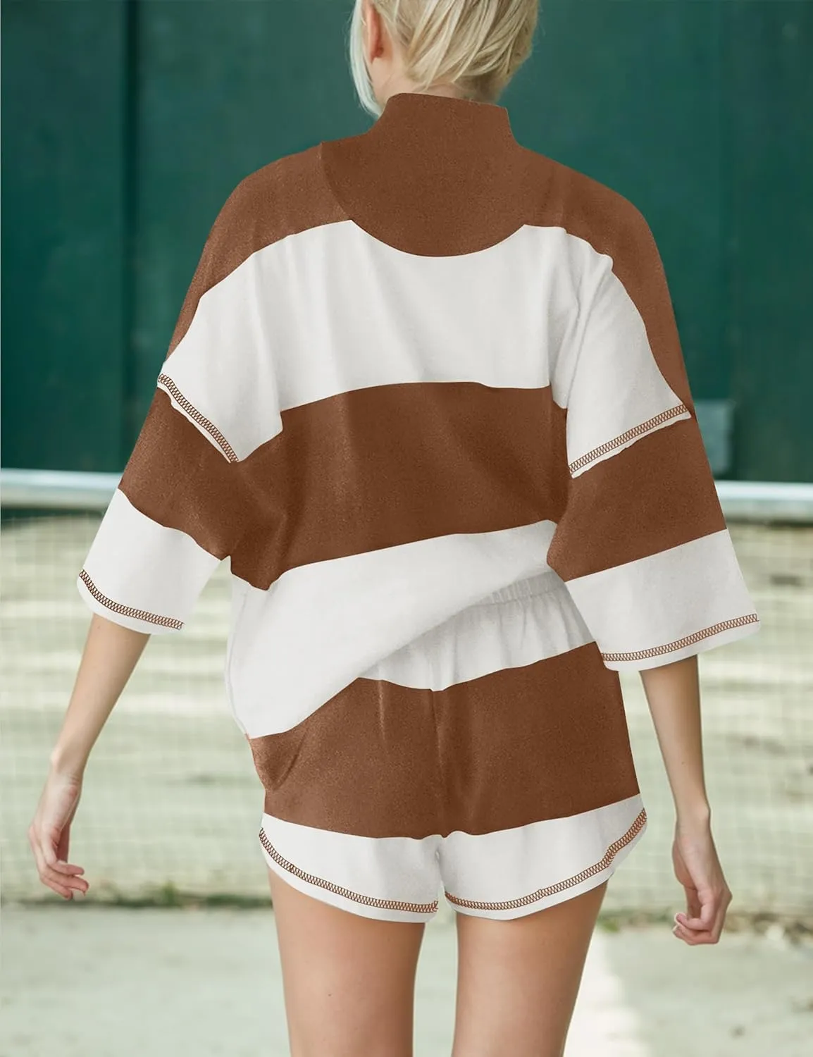 MISSACTIVER Womens 2 Piece Lounge Set Stripe Half Sleeve Oversized Shirts Shorts Summer Two Piece Workout Sets