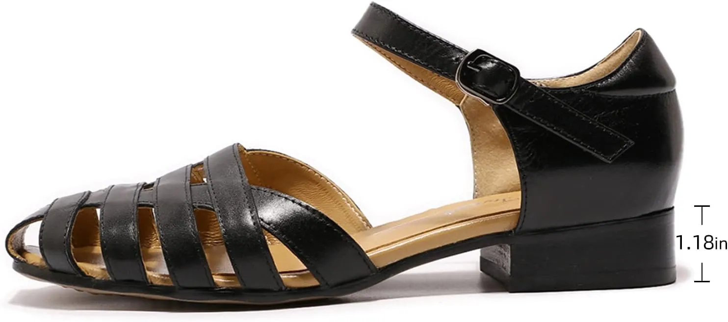 Mona flying Women Leather Tatianna Dress Sandals Closed Toe Low Heels Strappy Flats Summer Casual Shoes