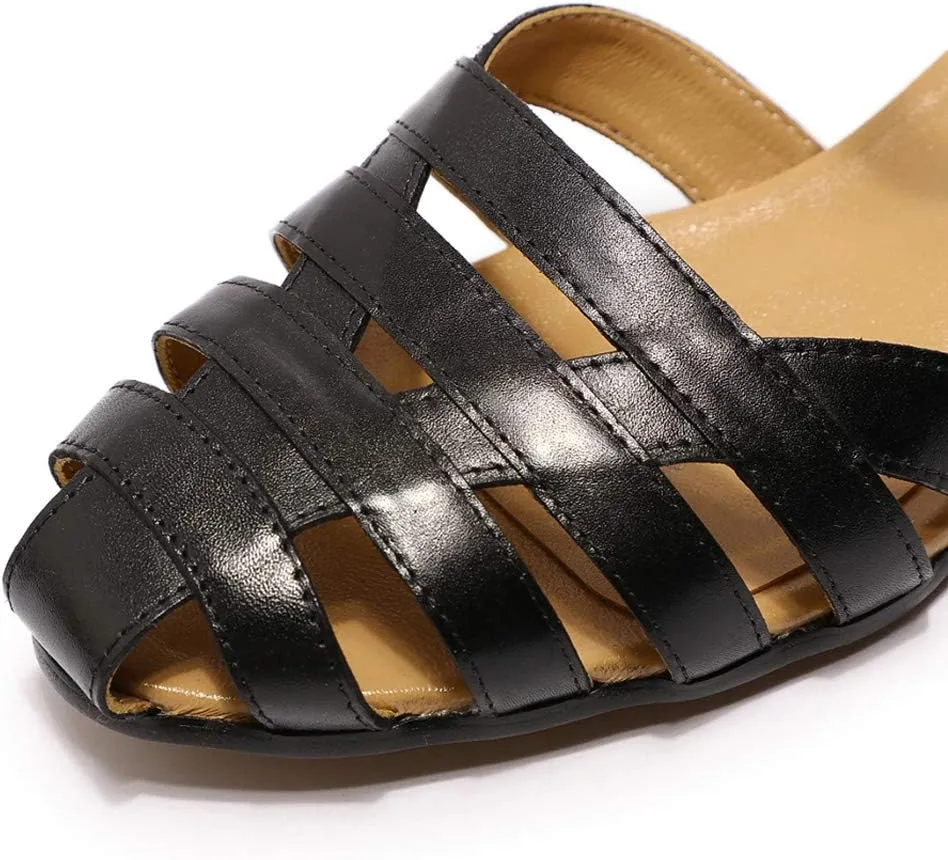 Mona flying Women Leather Tatianna Dress Sandals Closed Toe Low Heels Strappy Flats Summer Casual Shoes