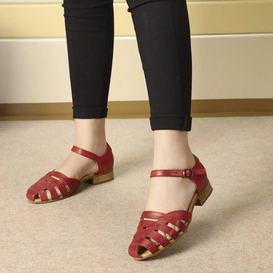 Mona flying Women Leather Tatianna Dress Sandals Closed Toe Low Heels Strappy Flats Summer Casual Shoes