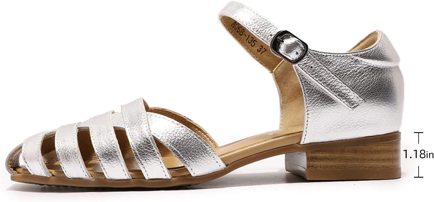 Mona flying Women Leather Tatianna Dress Sandals Closed Toe Low Heels Strappy Flats Summer Casual Shoes