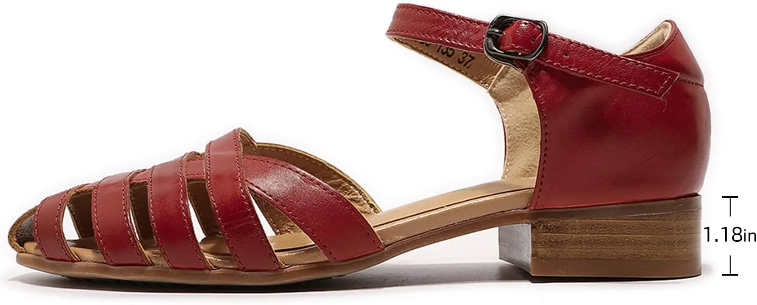 Mona flying Women Leather Tatianna Dress Sandals Closed Toe Low Heels Strappy Flats Summer Casual Shoes