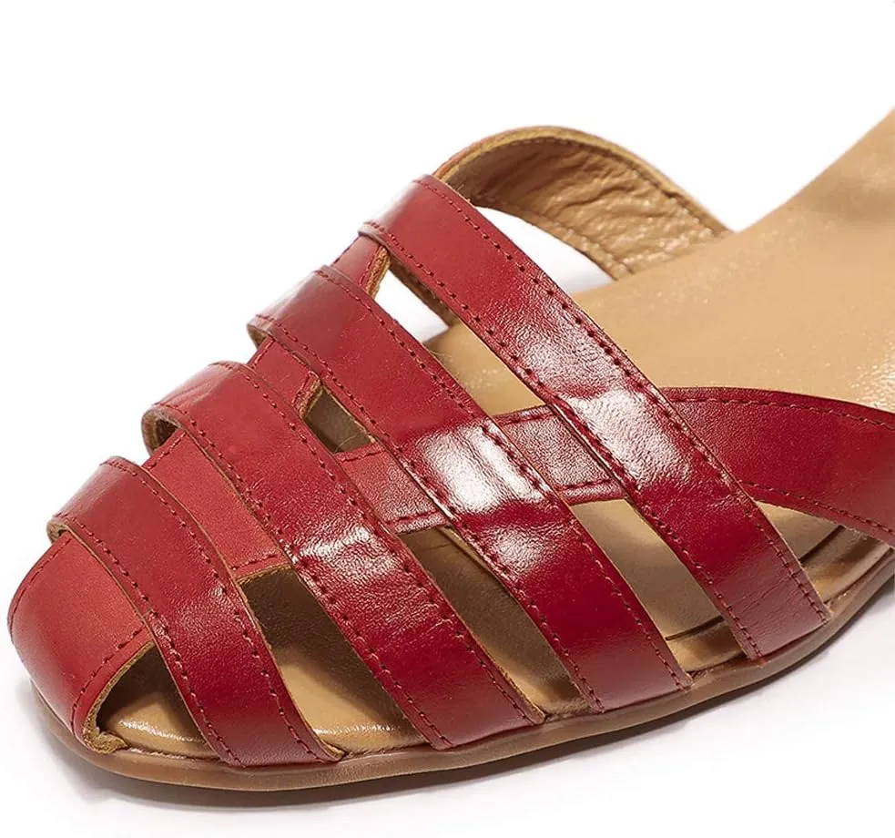 Mona flying Women Leather Tatianna Dress Sandals Closed Toe Low Heels Strappy Flats Summer Casual Shoes