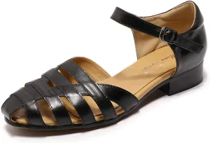Mona flying Women Leather Tatianna Dress Sandals Closed Toe Low Heels Strappy Flats Summer Casual Shoes
