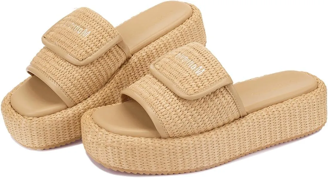 Monrovia Platform Sandals for Women, Wedge Espadrille Slides with Raffia Straw, Comfortable Brown Summer Sandals for Beach, Walking, Camping, Vacation