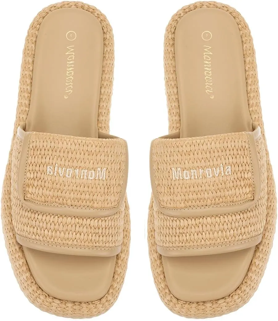 Monrovia Platform Sandals for Women, Wedge Espadrille Slides with Raffia Straw, Comfortable Brown Summer Sandals for Beach, Walking, Camping, Vacation