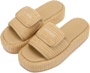 Monrovia Platform Sandals for Women, Wedge Espadrille Slides with Raffia Straw, Comfortable Brown Summer Sandals for Beach, Walking, Camping, Vacation
