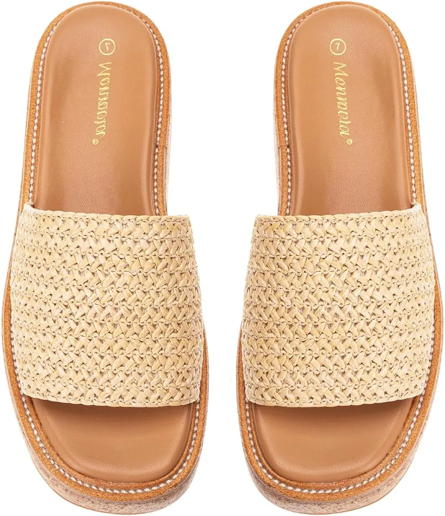 Monrovia Platform Sandals for Women, Wedge Espadrille Slides with Raffia Straw, Comfortable Brown Summer Sandals for Beach, Walking, Camping, Vacation