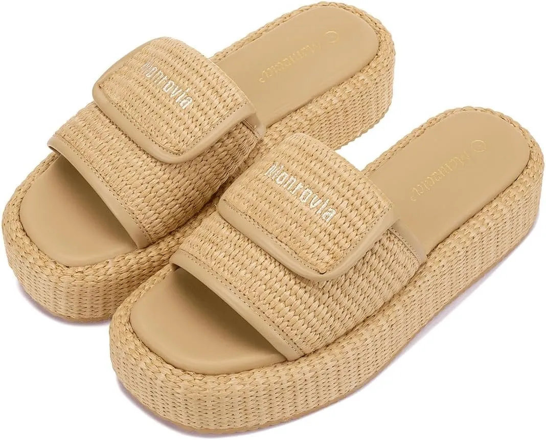 Monrovia Platform Sandals for Women, Wedge Espadrille Slides with Raffia Straw, Comfortable Brown Summer Sandals for Beach, Walking, Camping, Vacation