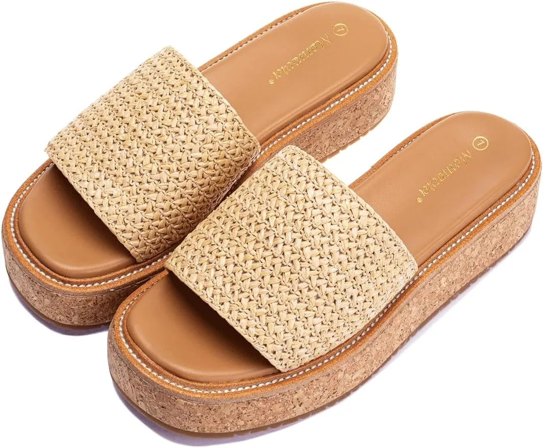 Monrovia Platform Sandals for Women, Wedge Espadrille Slides with Raffia Straw, Comfortable Brown Summer Sandals for Beach, Walking, Camping, Vacation