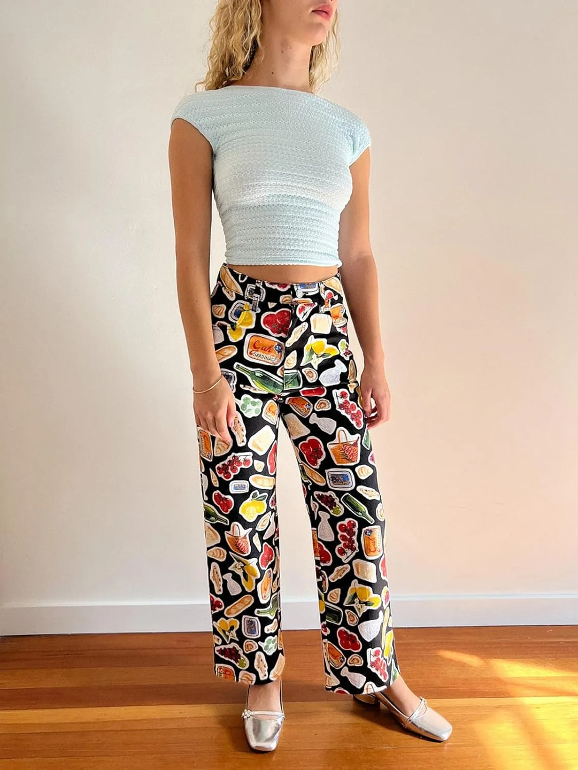 Muineobuka Women Y2k Fruit Print Jeans Graphic Print High Neck Straight Leg Denim Pants Aesthetic Jeans Summer Streetwear
