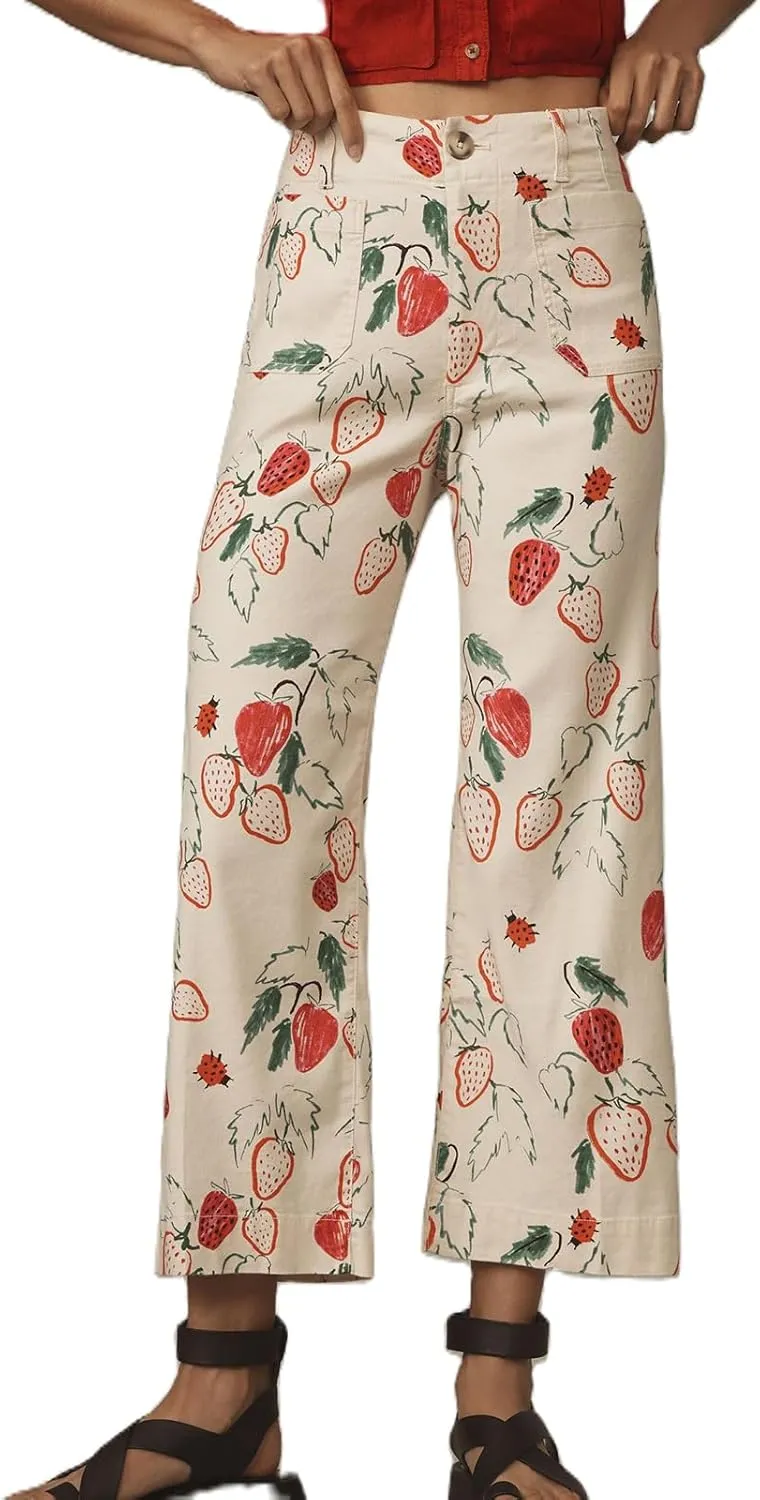 Muineobuka Women Y2k Fruit Print Jeans Graphic Print High Neck Straight Leg Denim Pants Aesthetic Jeans Summer Streetwear