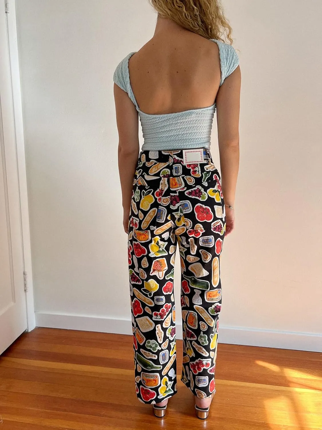 Muineobuka Women Y2k Fruit Print Jeans Graphic Print High Neck Straight Leg Denim Pants Aesthetic Jeans Summer Streetwear