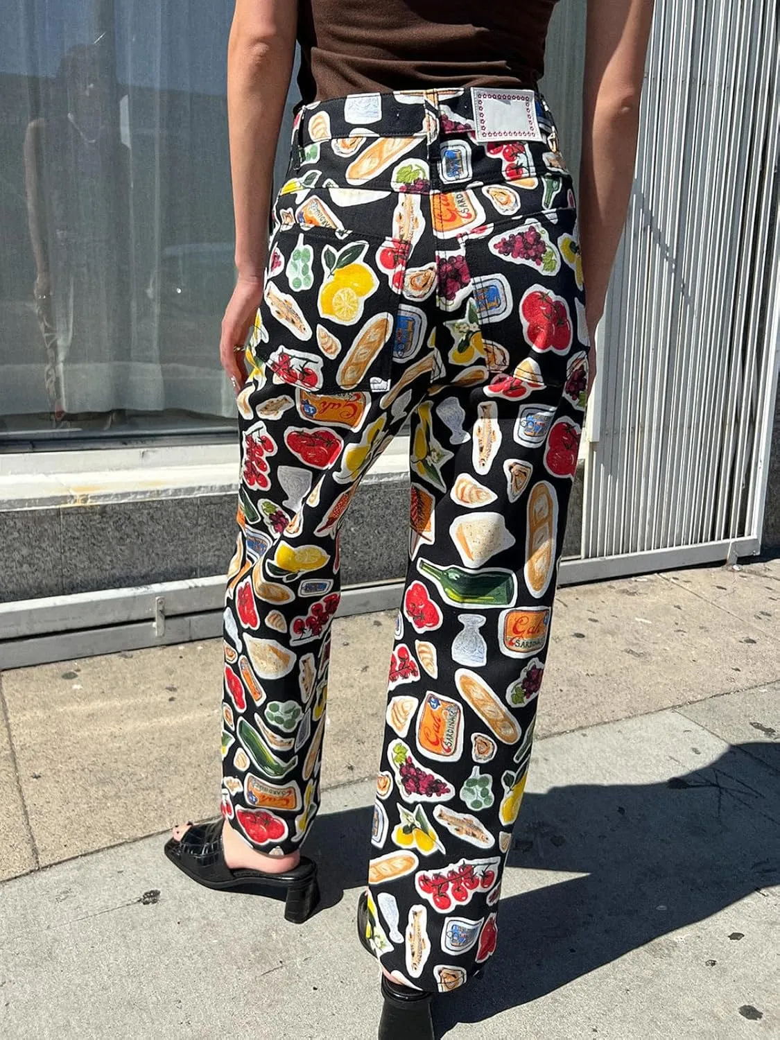Muineobuka Women Y2k Fruit Print Jeans Graphic Print High Neck Straight Leg Denim Pants Aesthetic Jeans Summer Streetwear