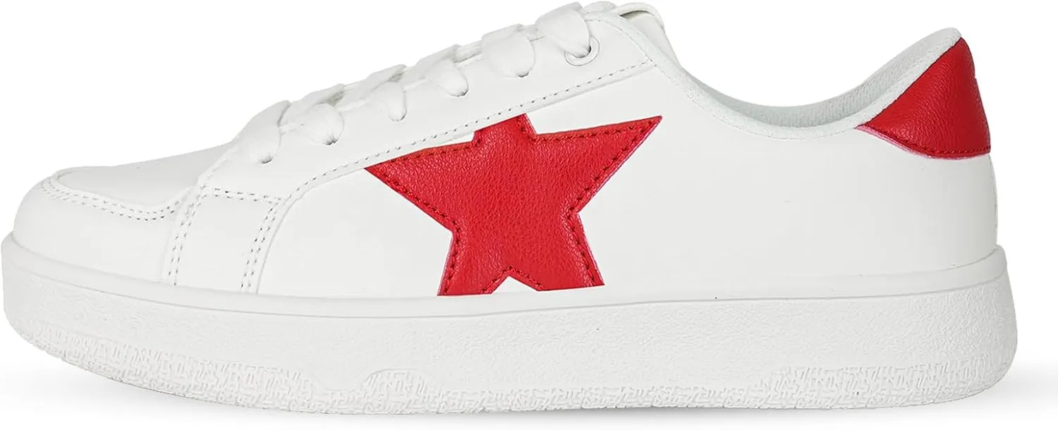 Niluber Star Sneakers for Women Low Top Comfortable Cushioned White Gold Sliver Leopard Platform Sneakers Lace Up Red Glitter Platform Party Shoes