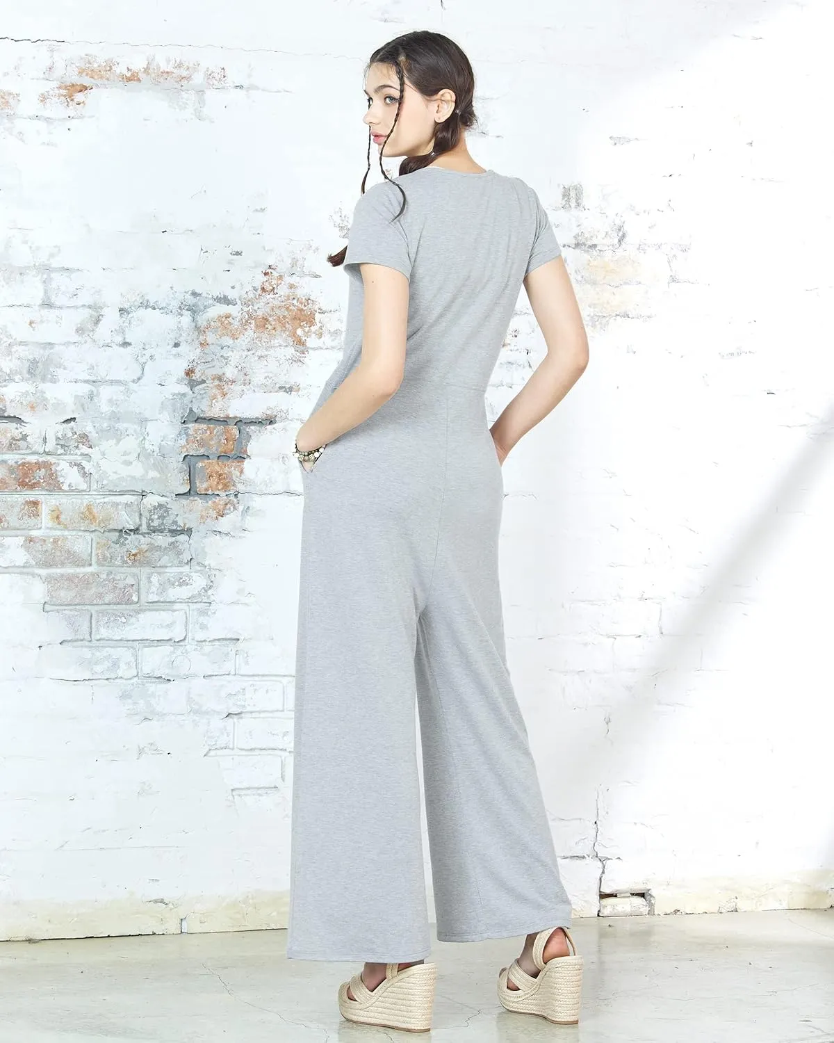 noflik Casual Boho Short Sleeve Wide Leg Jumpsuits for Women with Pockets