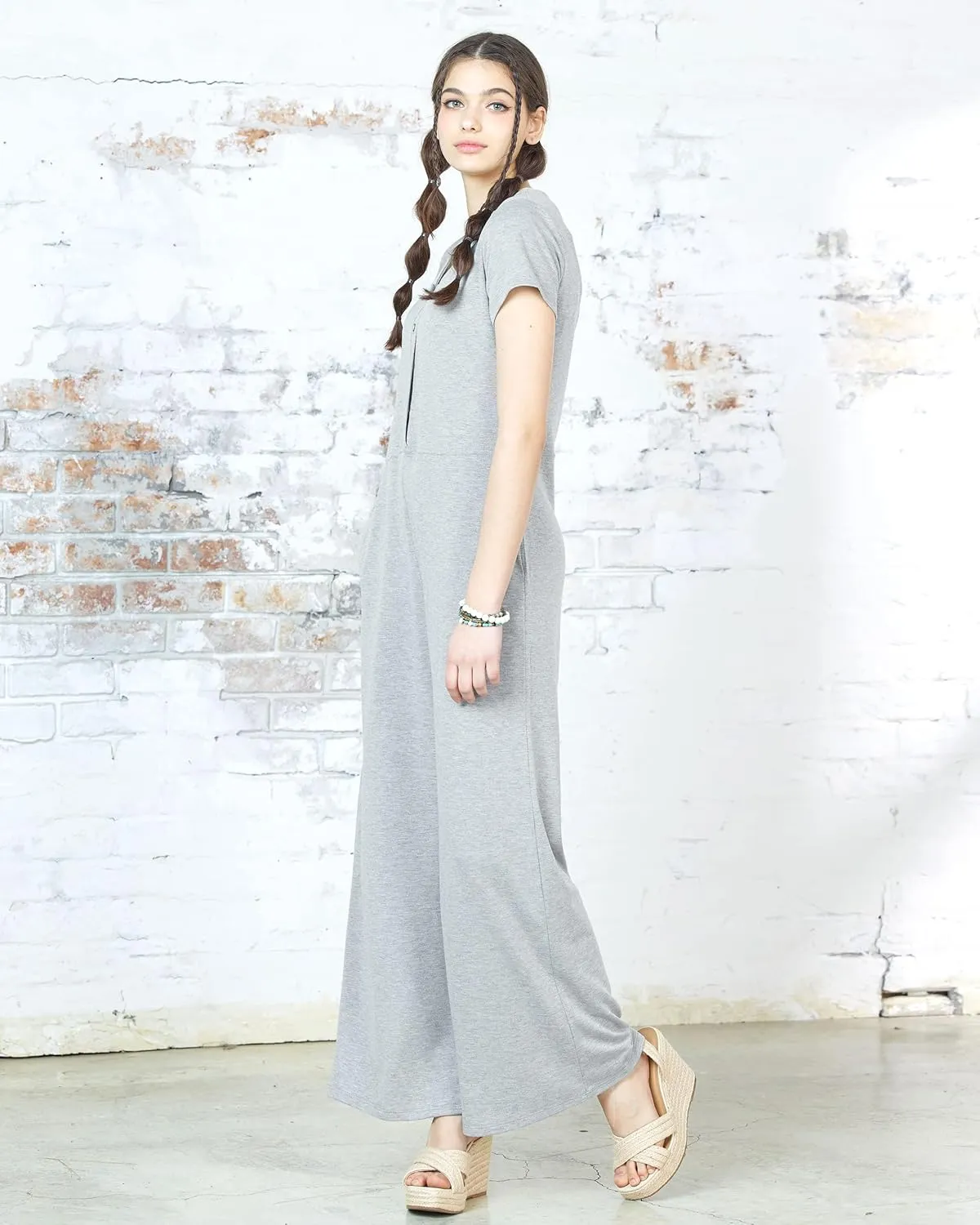 noflik Casual Boho Short Sleeve Wide Leg Jumpsuits for Women with Pockets