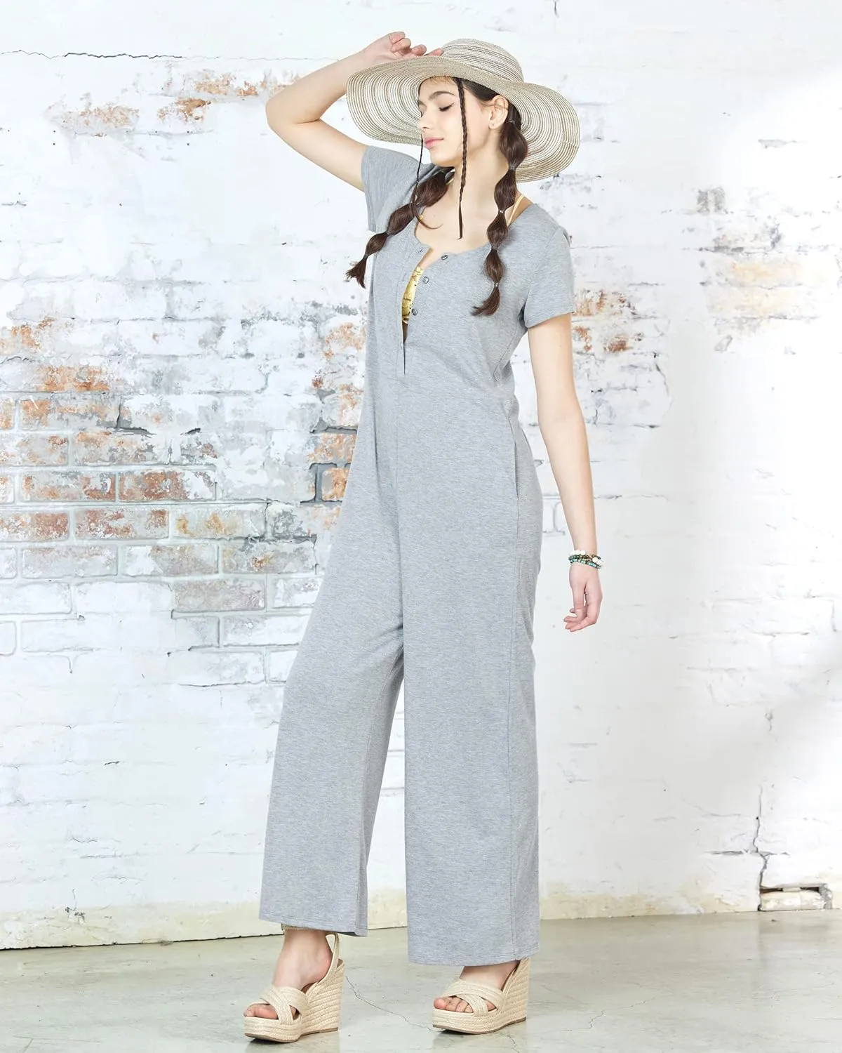 noflik Casual Boho Short Sleeve Wide Leg Jumpsuits for Women with Pockets