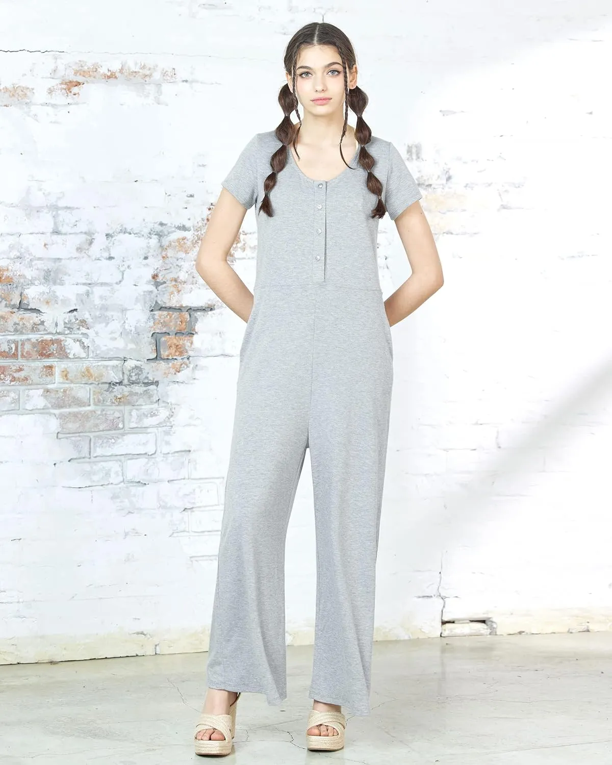 noflik Casual Boho Short Sleeve Wide Leg Jumpsuits for Women with Pockets