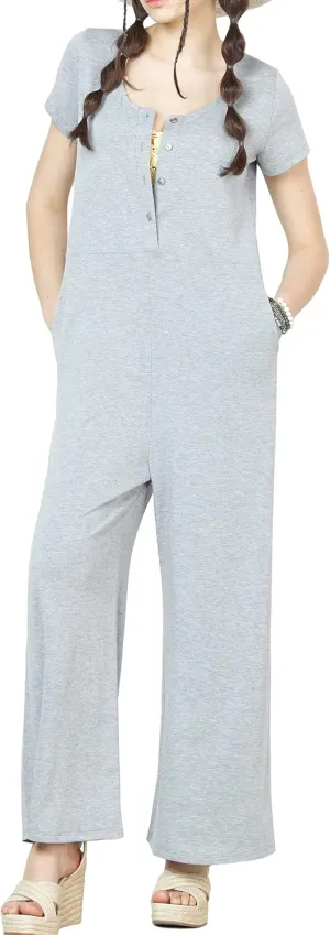 noflik Casual Boho Short Sleeve Wide Leg Jumpsuits for Women with Pockets