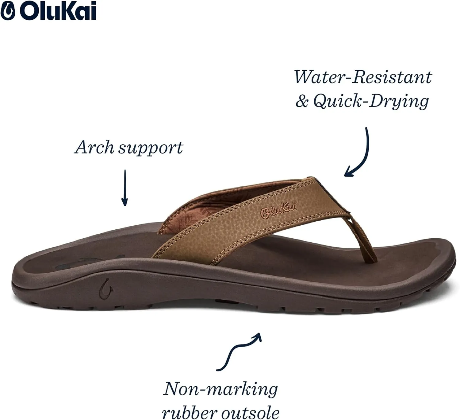 OLUKAI Ohana Men's Beach Sandals, Water Resistant Flip Flops, Arch Support & Comfort Fit, Lightweight & Durable, Enhanced Grip & Traction