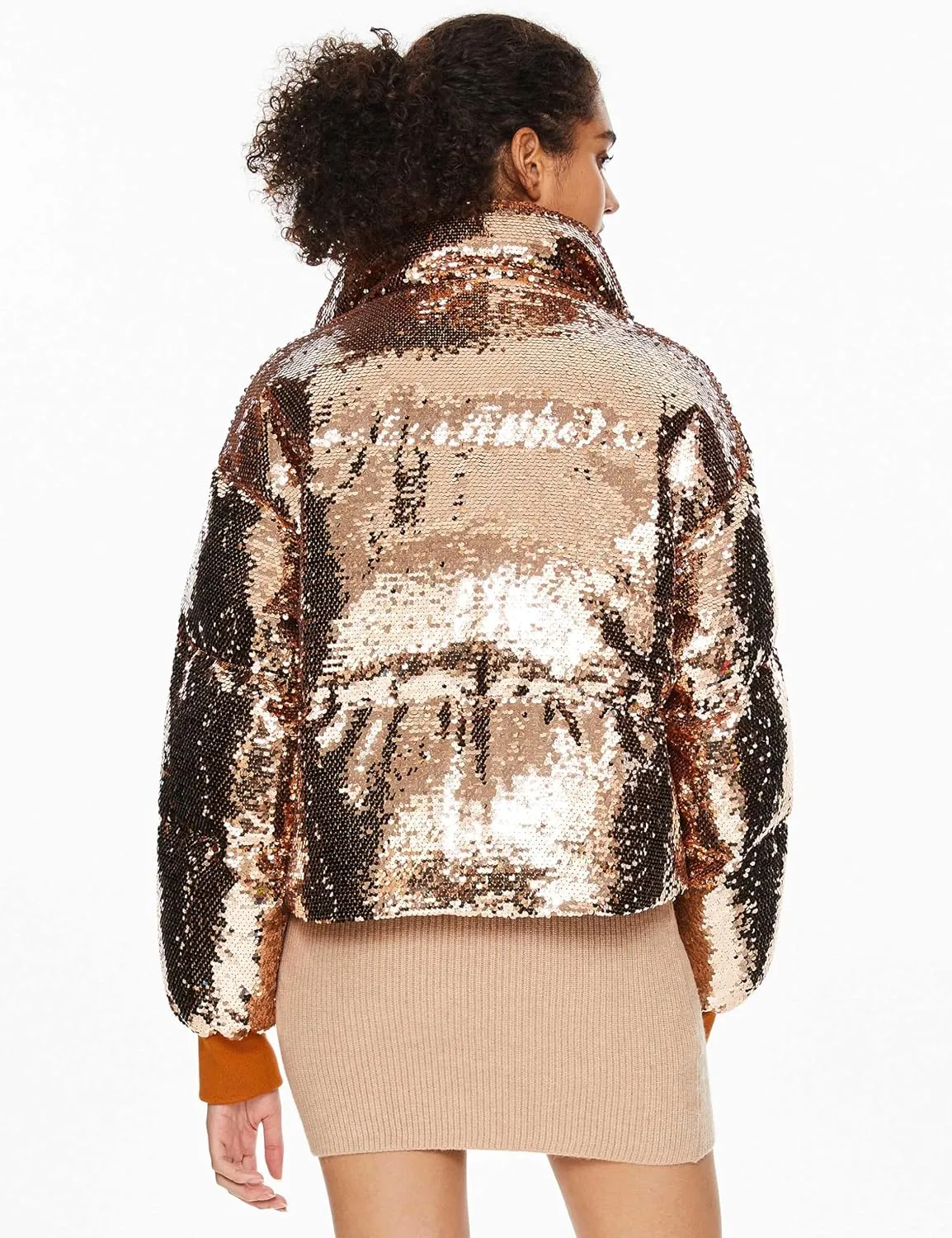 Orolay Women's Shiny Sequin Down Coat Stylish Glitter Jacket for Women Long Sleeve Trendy Outerwear with Stand Collar