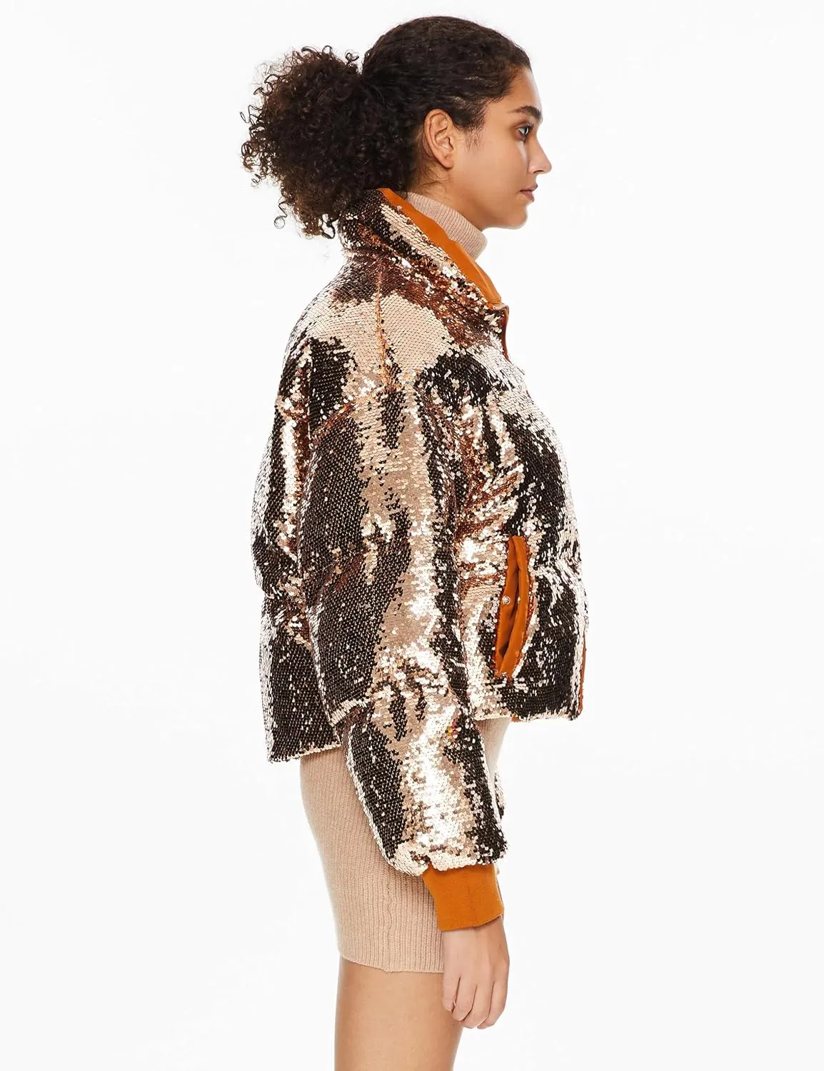 Orolay Women's Shiny Sequin Down Coat Stylish Glitter Jacket for Women Long Sleeve Trendy Outerwear with Stand Collar