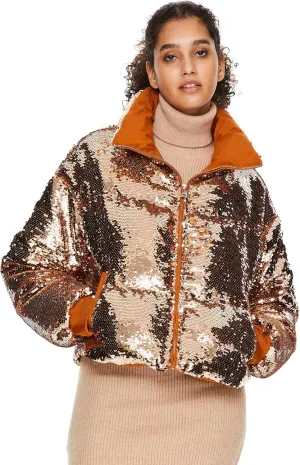 Orolay Women's Shiny Sequin Down Coat Stylish Glitter Jacket for Women Long Sleeve Trendy Outerwear with Stand Collar