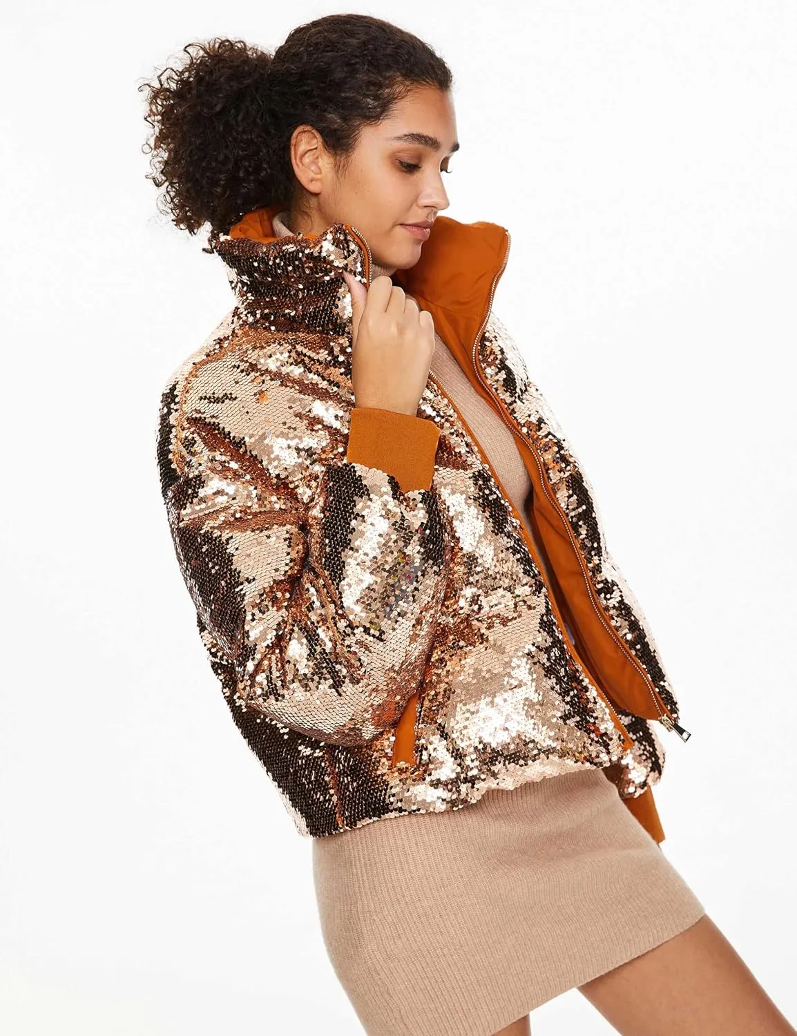 Orolay Women's Shiny Sequin Down Coat Stylish Glitter Jacket for Women Long Sleeve Trendy Outerwear with Stand Collar