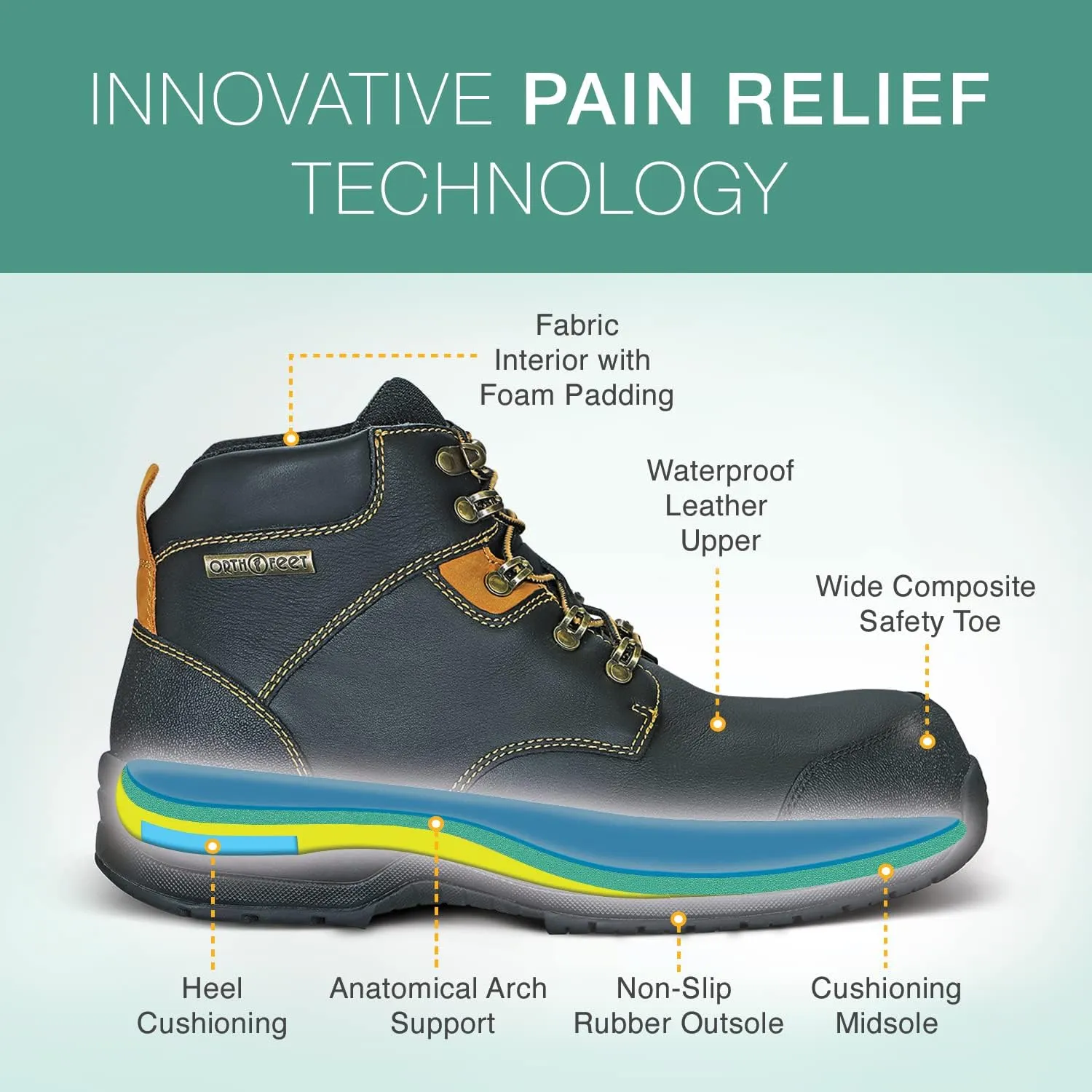 Orthofeet Men's Orthopedic Leather Granite Waterproof Work Boots