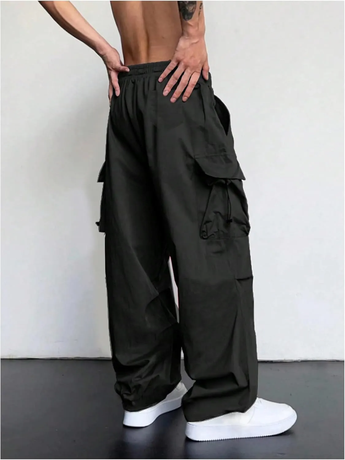 OYOANGLE Men's Baggy Cargo Pants Elastic Drawstring Waist Flap Pocket Y2K Hip Hop Trousers