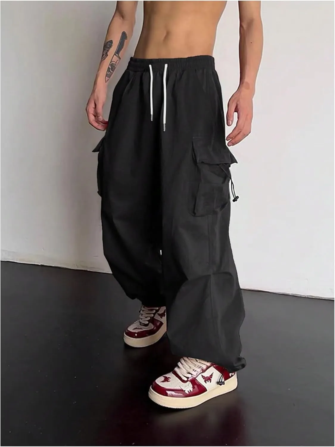 OYOANGLE Men's Baggy Cargo Pants Elastic Drawstring Waist Flap Pocket Y2K Hip Hop Trousers
