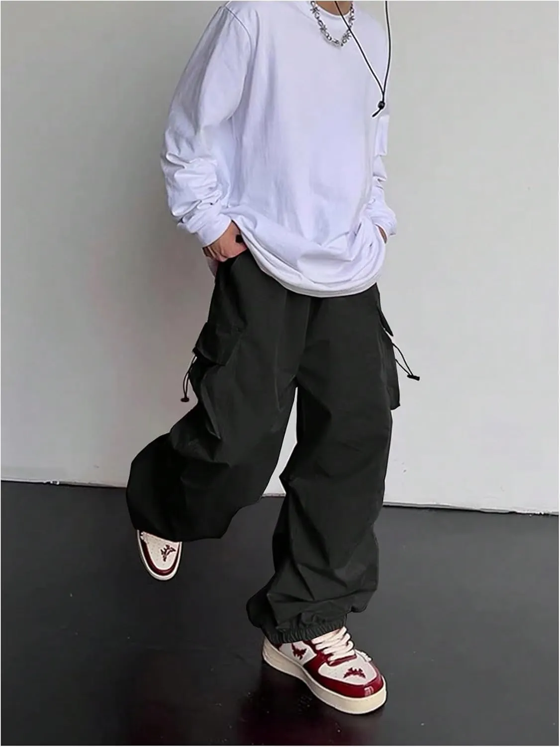 OYOANGLE Men's Baggy Cargo Pants Elastic Drawstring Waist Flap Pocket Y2K Hip Hop Trousers