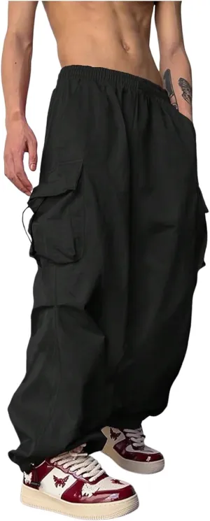 OYOANGLE Men's Baggy Cargo Pants Elastic Drawstring Waist Flap Pocket Y2K Hip Hop Trousers