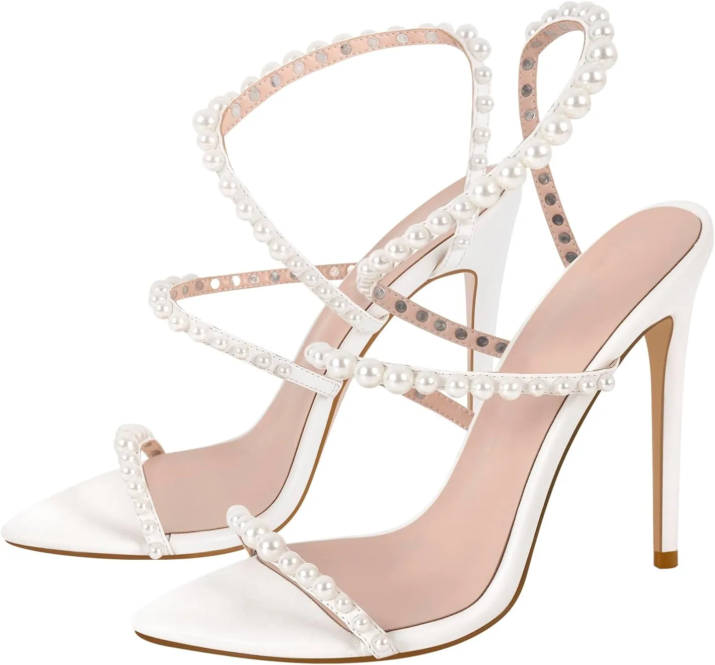 Pearls Stiletto High Heels Pointed Toe Heeled Sandals Strappy Heels Women Sexy Sandals Dressy Shoes
