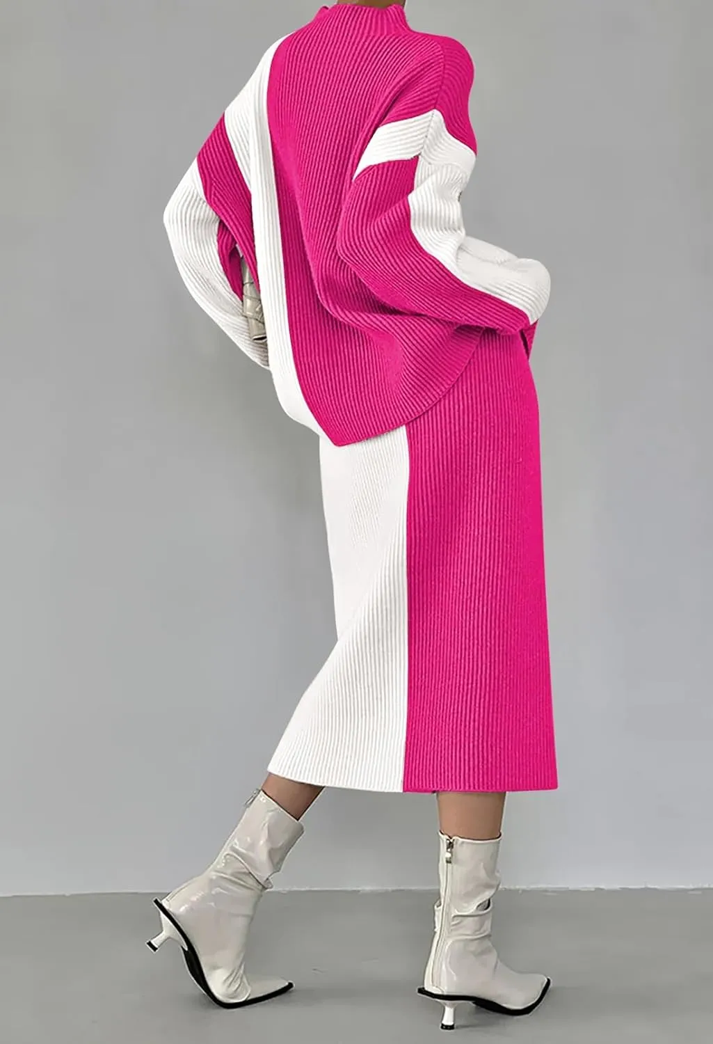 Pink Queen Women's 2 Piece Outfits 2024 Fall Winter Sweater Skirt Set Long Sleeve Oversized Top High Waist Color Block Dress