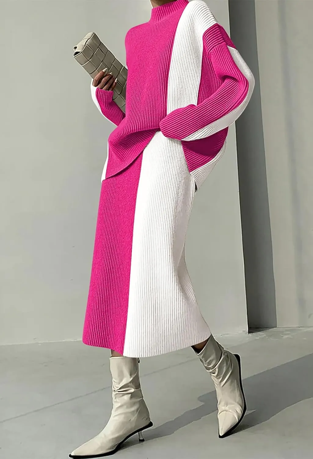 Pink Queen Women's 2 Piece Outfits 2024 Fall Winter Sweater Skirt Set Long Sleeve Oversized Top High Waist Color Block Dress