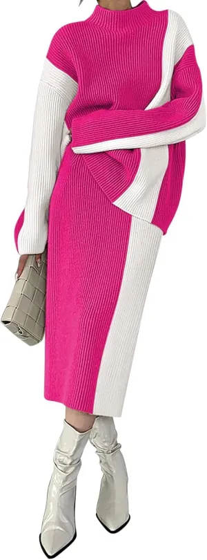 Pink Queen Women's 2 Piece Outfits 2024 Fall Winter Sweater Skirt Set Long Sleeve Oversized Top High Waist Color Block Dress